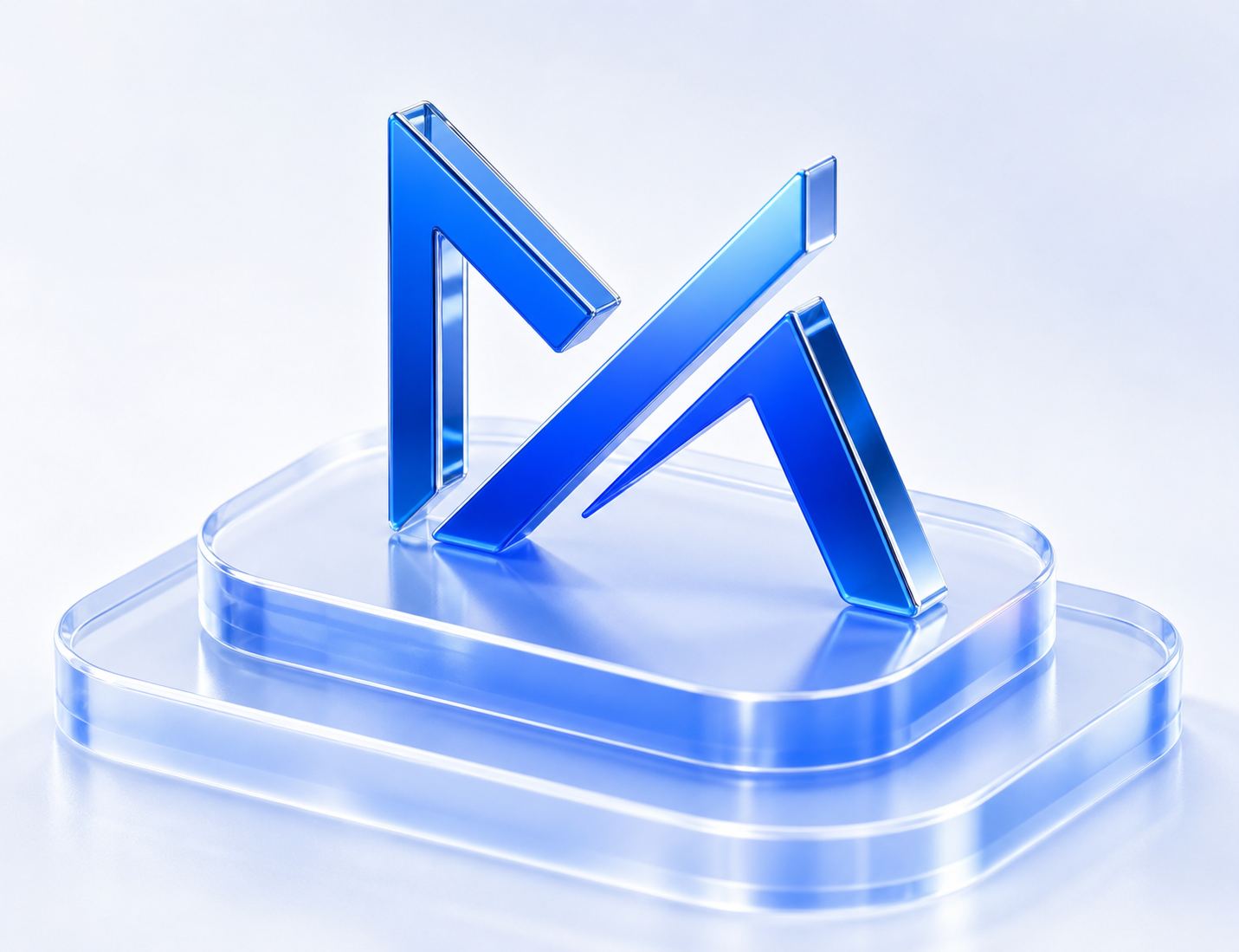 Mercury Arc blue glass monogram on a transparent platform
